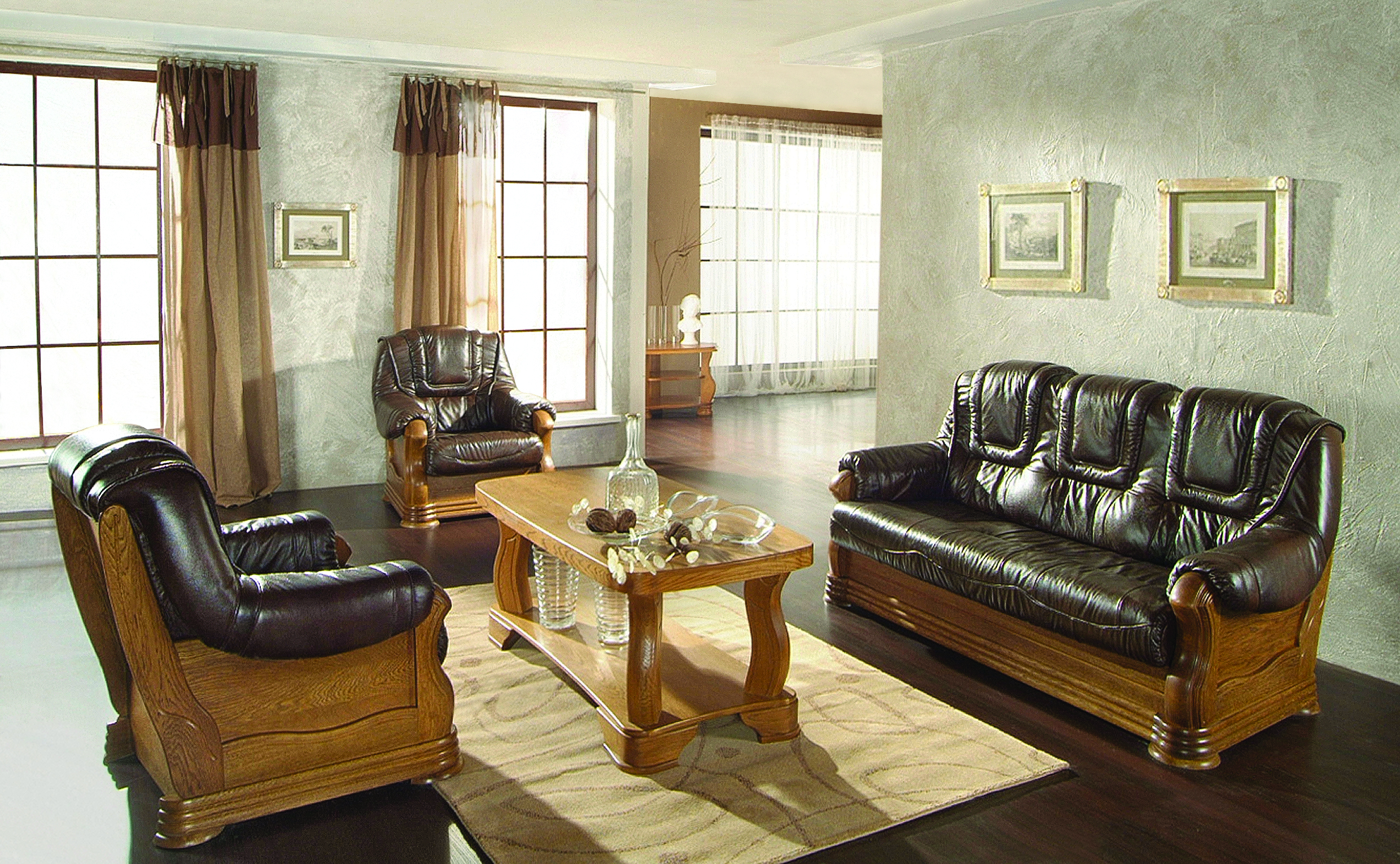 Echtleder Set 1+2+3 Sessel 3-Sitzer Sofa Schlaffunktion Classic Antik Rustikal