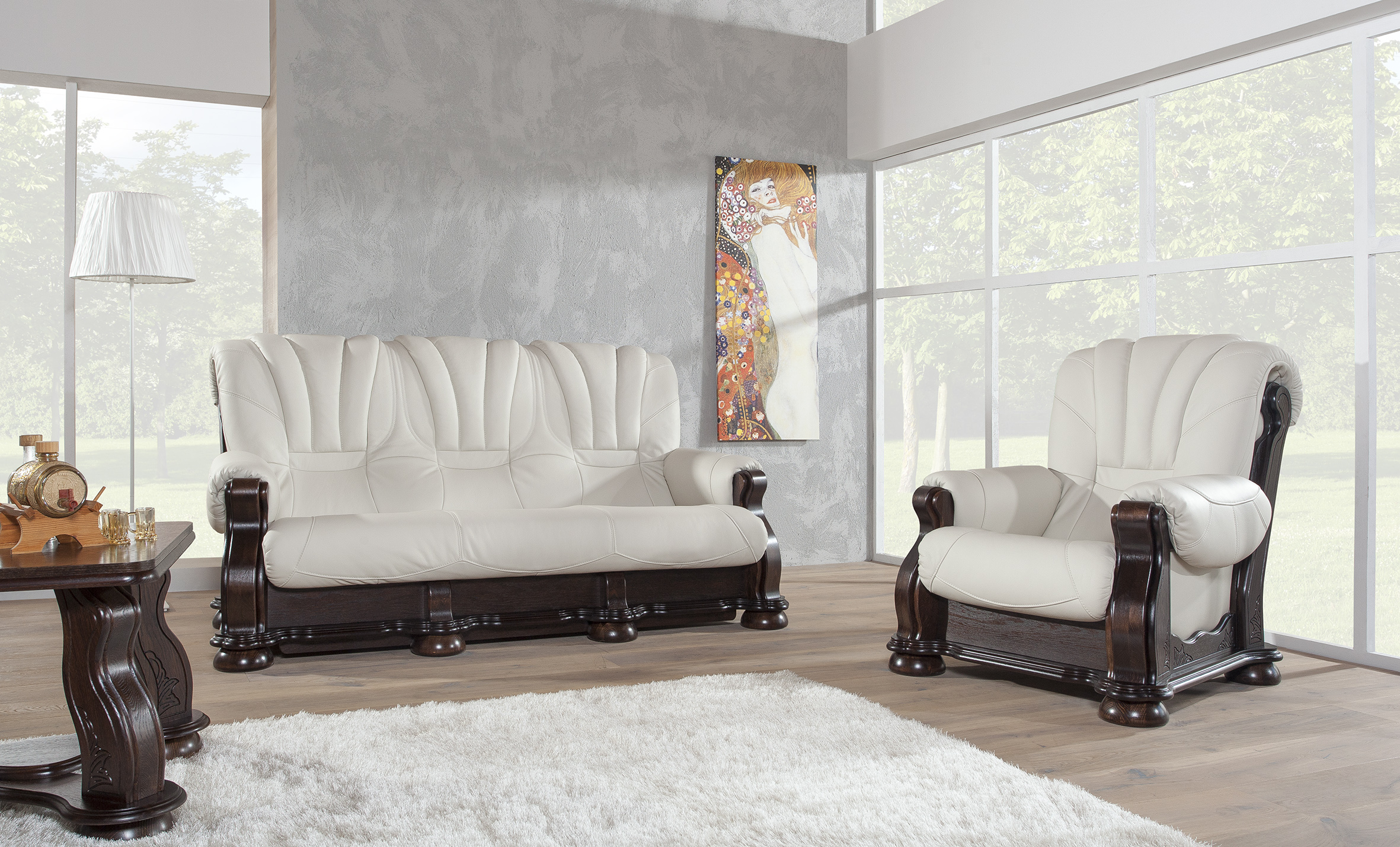 Classic Set 3+2+1 Echtleder Sessel 3-Sitzer Sofa Schlaffunktion Antik Rustikal